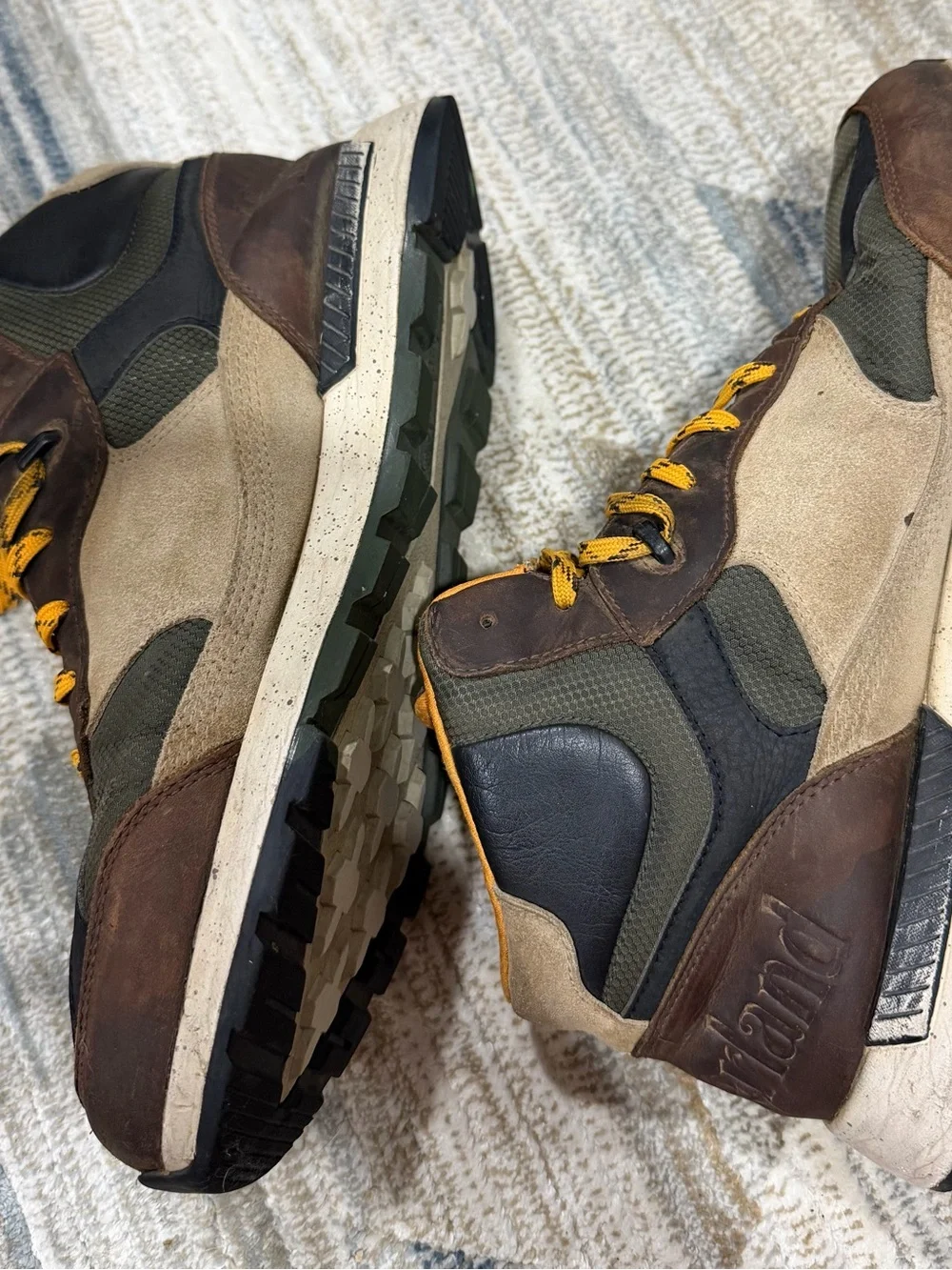 Timberland Olive Green and Brown Hiking Boots with Yellow Laces